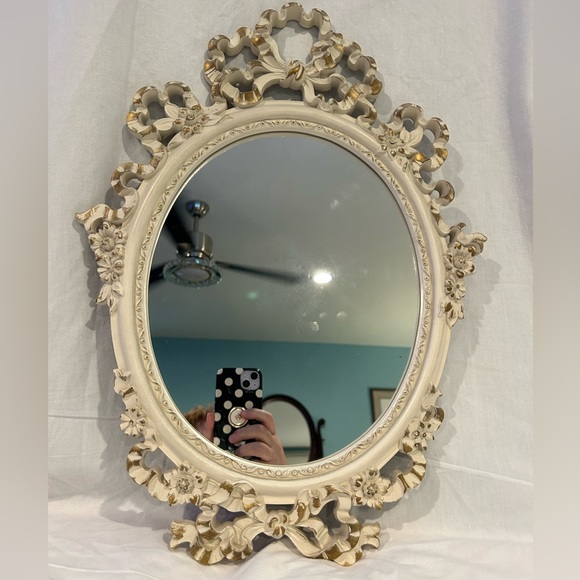 Vintage Syroco wood white and gold frame mirror Victorian bow